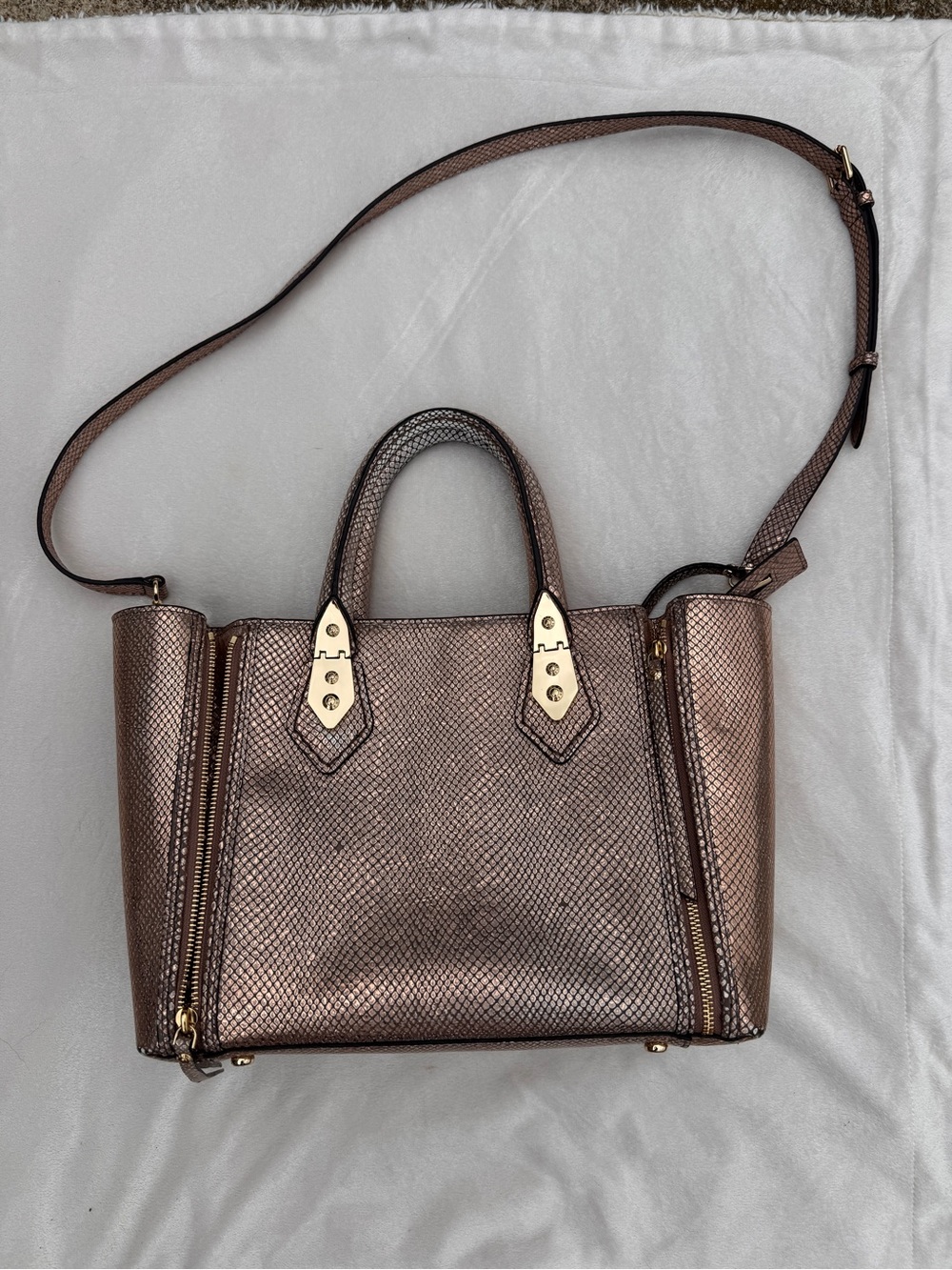 henri bendel Metallic Bronze Textured Satchel with Gold Hardware